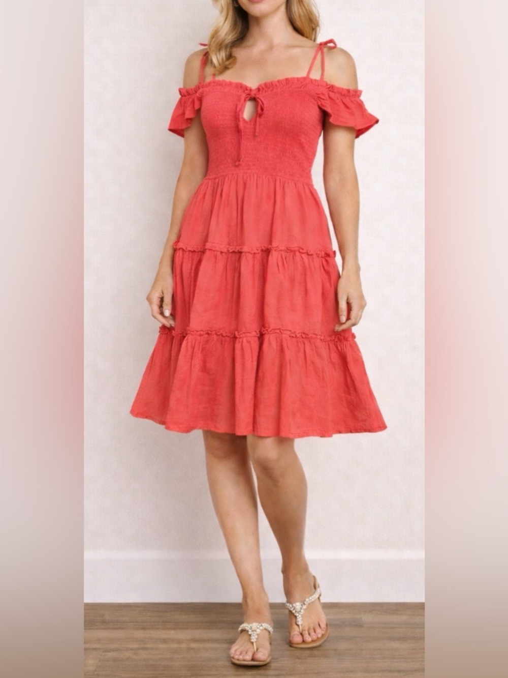 Mi ami Coral Red Off-Shoulder Tiered Midi Skirt